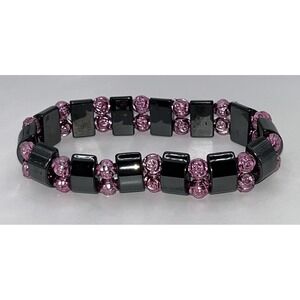 Pink Rose Hematite Bead Bracelet Y2K Stretch Gothic‎ Emo Grunge Girly Mallcore
